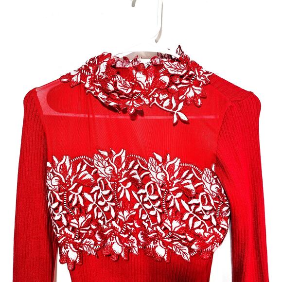 Venus Sweater Y2K Large Red White 3D Floral Appliqué Lace Stretch Women's Sz Med - Picture 4 of 9